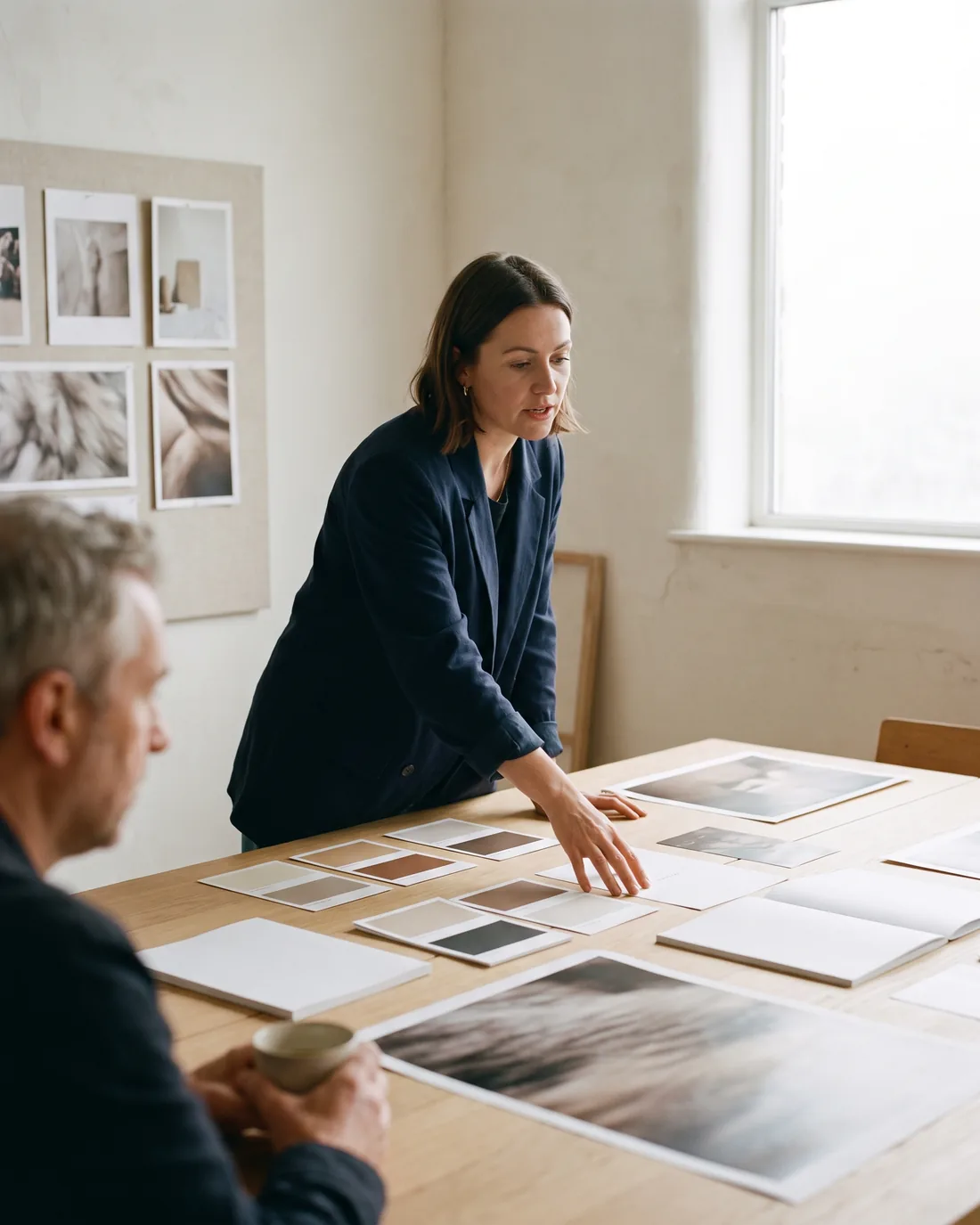 A senior CMO reviewing the work in a calm San Francisco boardroom